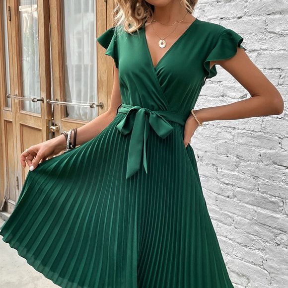 . Dresses & Skirts - Dark Green Boho Womens Butterfly Sleeve Pleated Hem Dress